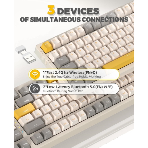 Wireless Mechanical Keyboard, Dual Mode 2.4G/BT5.0 2-in-1 Receiver, 100 Keys Hot Swappable Red Switches Gaming Keyboard with Pad for PC