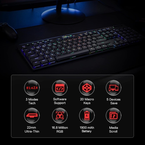 Wireless RGB Mechanical Keyboard, Bluetooth/2.4Ghz/Wired Tri-Mode Ultra-Thin Low Profile Gaming Keyboard w/No-Lag Cordless Connection, Dedicated