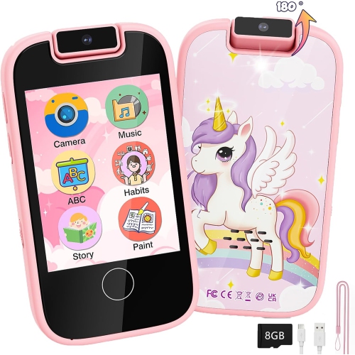 ULTREND  Kids Smart Phone Toy for Girls 3-8 Years Old. Toddler Unicorn Gifts, Educational Games, Dual Cameras, Mp3 Music Player, And Touchscreen