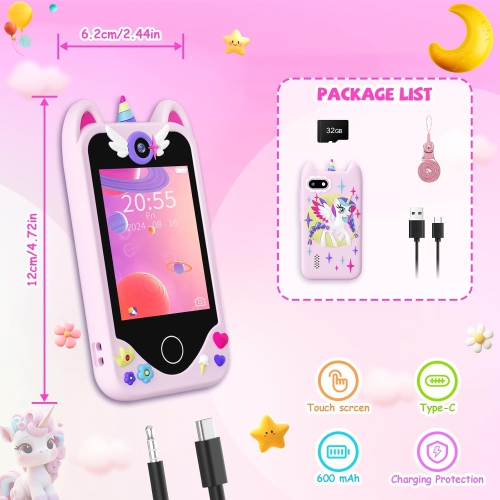 Kids Smart Toy Phone – Touchscreen Learning Device with Dual Cameras, Music, Games & 32GB Card – Perfect Gift for Girls Ages 3–10