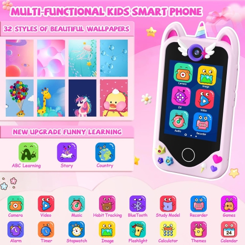 Kids Smart Toy Phone – Touchscreen Learning Device with Dual Cameras, Music, Games & 32GB Card – Perfect Gift for Girls Ages 3–10