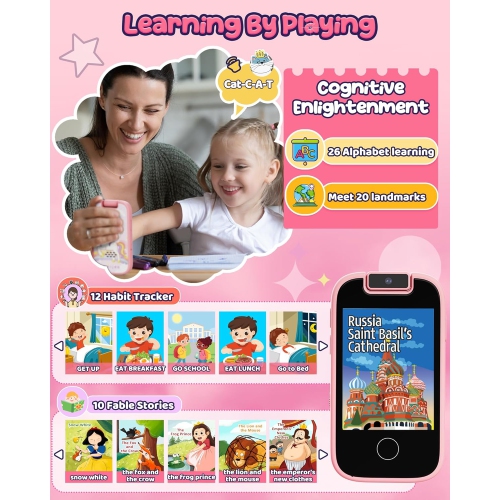 Kids Smart Toy Phone – Touchscreen Learning Device with Dual Cameras, Music, Games & 32GB Card – Perfect Gift for Girls Ages 3–10