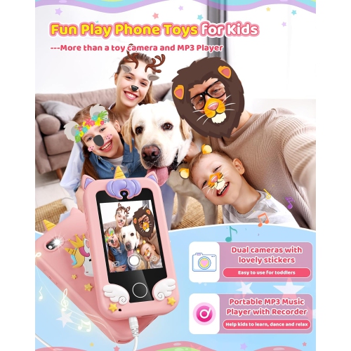 Pink Unicorn Kids Toy Phone - MP3 Music Player & Dual Camera | Perfect Christmas & Birthday Gift for Girls Ages 3-8 Years