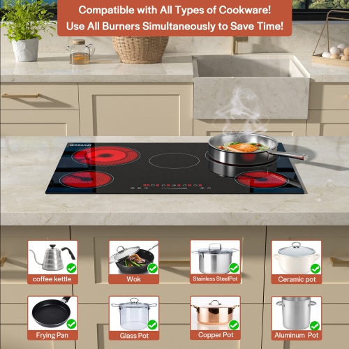 Empava 30 Inch Electric Radiant Cooktop with 5 Burners, 7200W Electric Stove Top with Kid Safety Lock, EMPV-30REC13