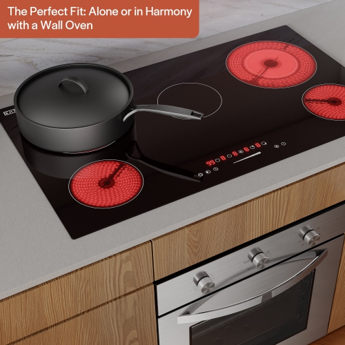 Empava 36 Inch Electric Radiant Cooktop with 5 Burners, 9 Heating Level Glass Smooth Surface in Black EMPV-36REC14