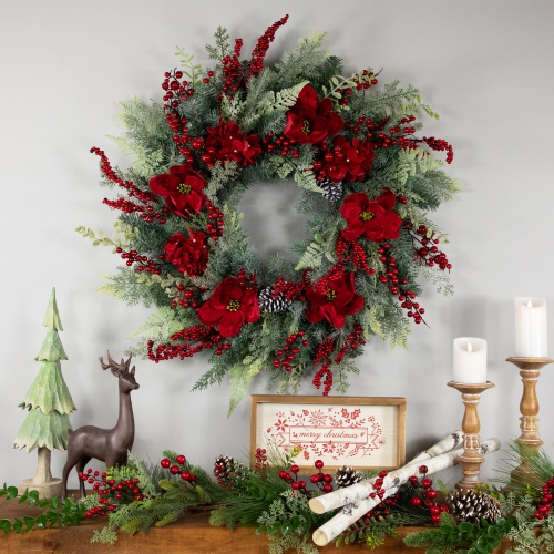 Real Touch™ Poinsettia and Pinecone Artificial Christmas Wreath - 38" - Unlit