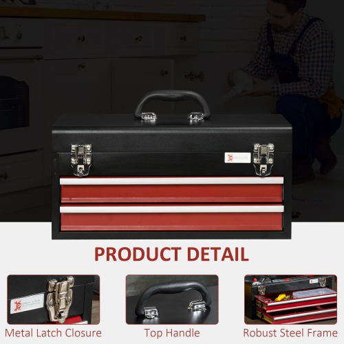 DURHAND 8.7" Portable Metal Tool Box with Metal Latch Closure, 2 Drawer Lockable Tool Chest with Ball-bearing Slider for Garage, Household and