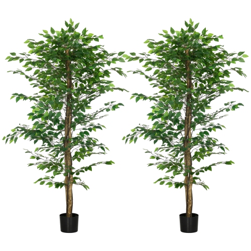 HOMCOM  6Ft Artificial Tree Set Of 2, Ficus Trees With 1260 Leaves In Pot, Decorative Fake Plants for Home, Office, And Living Room In Green