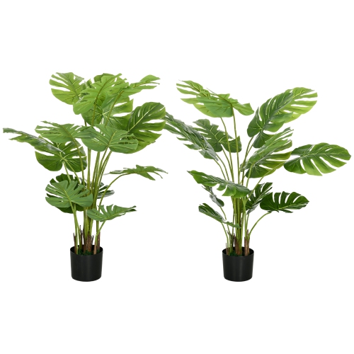 HOMCOM  4Ft Set Of 2 Artificial Monstera Deliciosa With Pot, Indoor Outdoor Fake Plants Tropical Palm for Home Office Living Room Decor