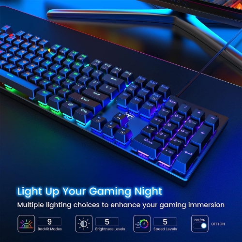 RGB 104 Keys Ultra-Slim Rainbow LED Backlit USB Wired Keyboard with Blue Switches, Durable ABS Keycaps/Anti-Ghosting/Spill-Resistant Mechanical
