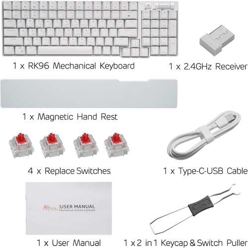 White 90% Triple Mode BT5.0/2.4G/USB-C Hot Swappable Mechanical Keyboard with Magnetic Hand Rest, 96 Keys Wireless Bluetooth Keyboard with Software,