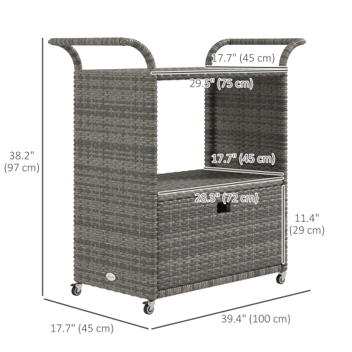Outsunny Patio PE Wicker Garden Serving Cart with 2-Tier Shelf, Outdoor Wheeled Rattan Food Cart with Drawer, Handles, for Poolside, Garden, Mixed