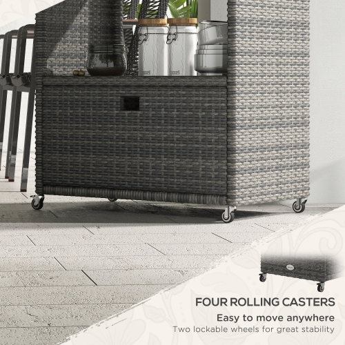 Outsunny Patio PE Wicker Garden Serving Cart with 2-Tier Shelf, Outdoor Wheeled Rattan Food Cart with Drawer, Handles, for Poolside, Garden, Mixed