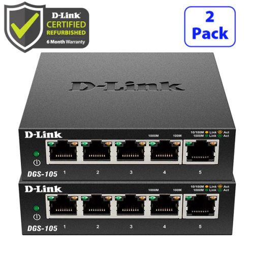 D-LINK  Refurbished (Excellent)- 5-Port Gigabit Metal Desktop Switch 2Pk - Dgs-105/2Pk Re