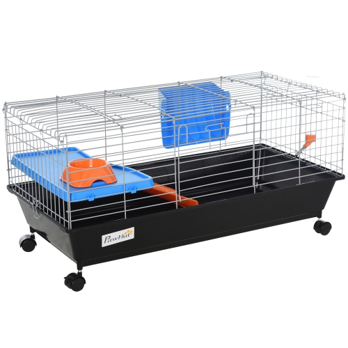 PawHut 35" Small Animal Cage, Rolling Bunny Cage, Guinea Pig Cage with Food Dish, Water Bottle, Hay Feeder, Platform, Ramp for Ferret Chinchilla,