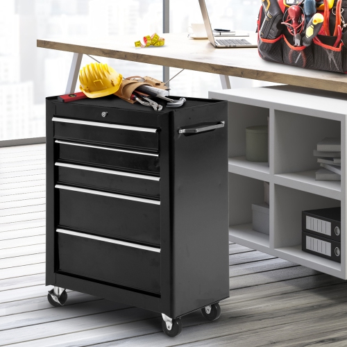 HOMCOM 5 Drawer Steel Rolling Tool Cabinet Wheeled Storage Cart Box, Black,  31 W/