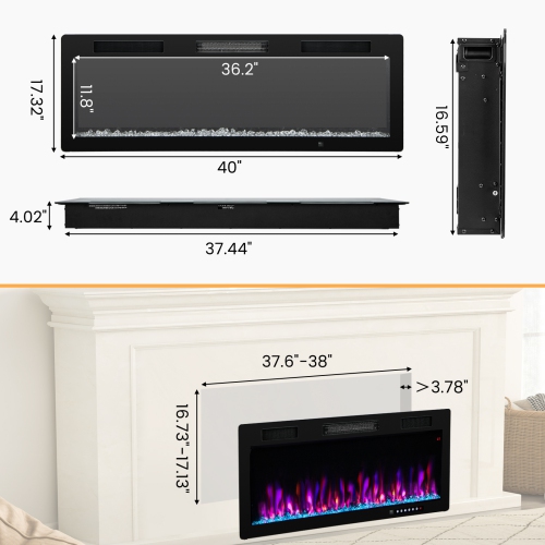 Costway 40" Linear Electric Fireplace 1500W Recessed Wall-Mounted with Multi-Color Flame