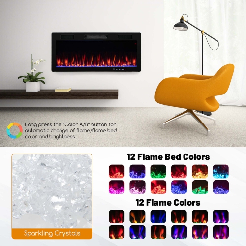 Costway 40" Linear Electric Fireplace 1500W Recessed Wall-Mounted with Multi-Color Flame