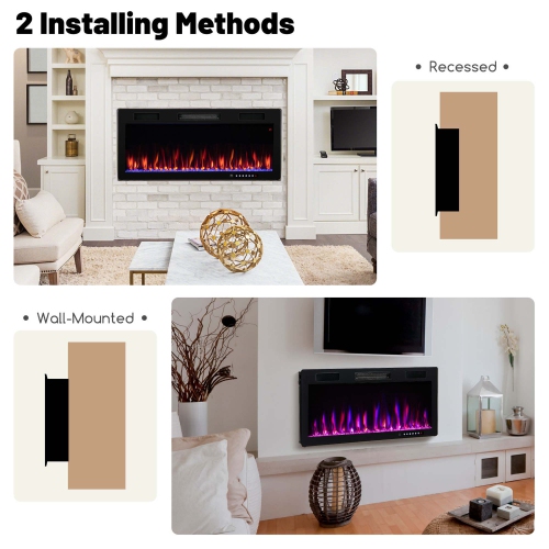 Costway 40" Linear Electric Fireplace 1500W Recessed Wall-Mounted with Multi-Color Flame