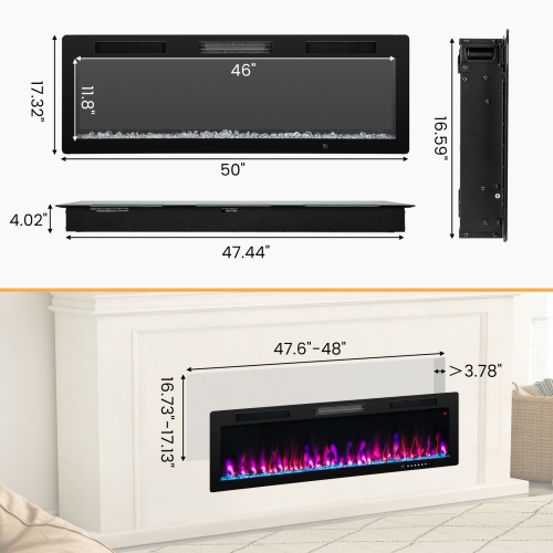 Costway 50" Linear Electric Fireplace 1500W Recessed Wall-Mounted with Multi-Color Flame
