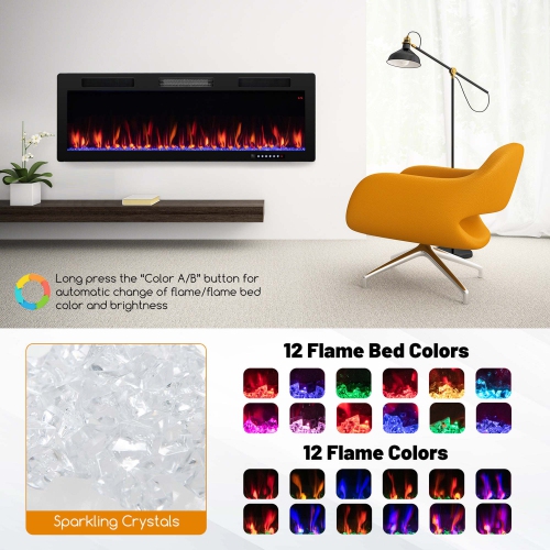 Costway 50" Linear Electric Fireplace 1500W Recessed Wall-Mounted with Multi-Color Flame