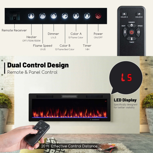 Costway 50" Linear Electric Fireplace 1500W Recessed Wall-Mounted with Multi-Color Flame