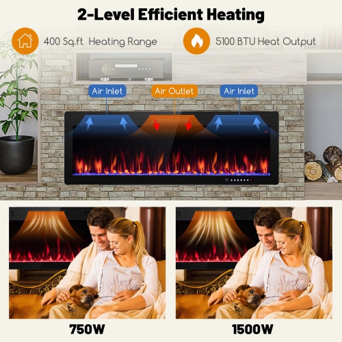 Costway 50" Linear Electric Fireplace 1500W Recessed Wall-Mounted with Multi-Color Flame