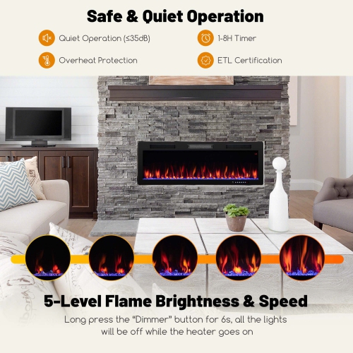 Costway 50" Linear Electric Fireplace 1500W Recessed Wall-Mounted with Multi-Color Flame