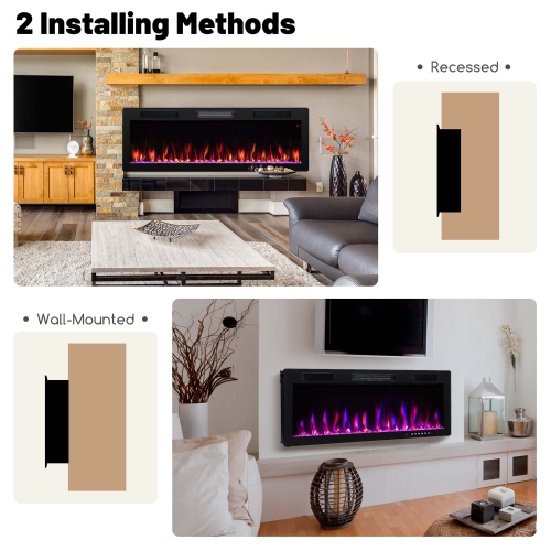 Costway 50" Linear Electric Fireplace 1500W Recessed Wall-Mounted with Multi-Color Flame