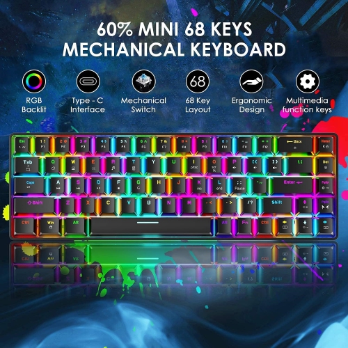 Wired 60% Mechanical Gaming Keyboard, RGB Lights Compact 68 Key Mini Keyboard with Type C Charger and Blue Switch, for Mac Windows PC PS4 Gamer, Black