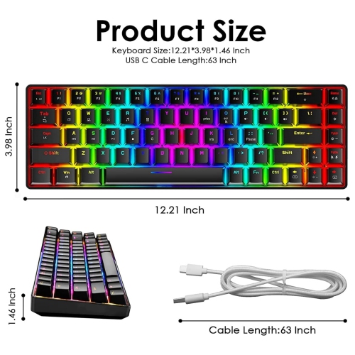 Wired 60% Mechanical Gaming Keyboard, RGB Lights Compact 68 Key Mini Keyboard with Type C Charger and Blue Switch, for Mac Windows PC PS4 Gamer, Black