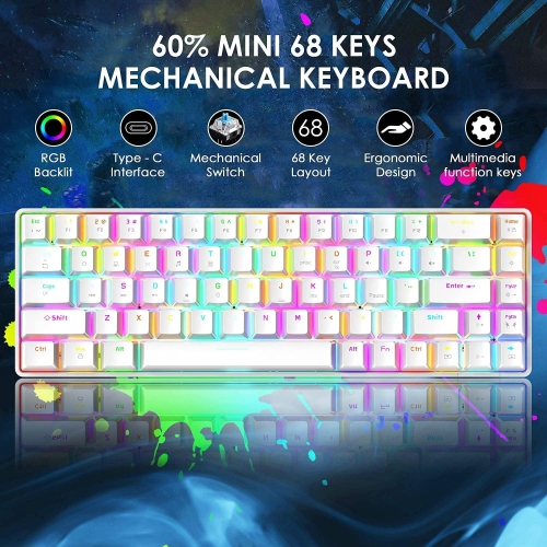 Wired 60% Mechanical Gaming Keyboard, RGB Lights Compact 68 Key Mini Keyboard with Type C Charger and Blue Switch, for Mac Windows PC PS4 Gamer, White