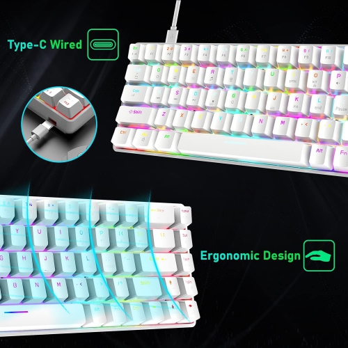 Wired 60% Mechanical Gaming Keyboard, RGB Lights Compact 68 Key Mini Keyboard with Type C Charger and Blue Switch, for Mac Windows PC PS4 Gamer, White