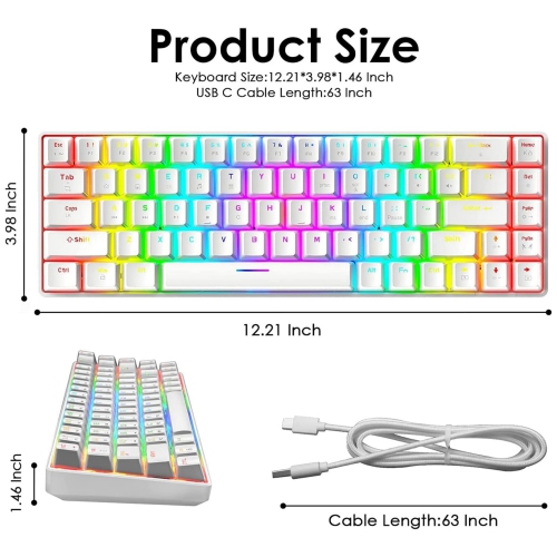 Wired 60% Mechanical Gaming Keyboard, RGB Lights Compact 68 Key Mini Keyboard with Type C Charger and Blue Switch, for Mac Windows PC PS4 Gamer, White