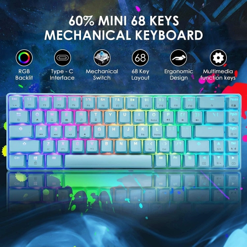 Wired 60% Mechanical Gaming Keyboard, RGB Lights Compact 68 Key Mini Keyboard with Type C Charger and Blue Switch, for Mac Windows PC PS4 Gamer, Blue