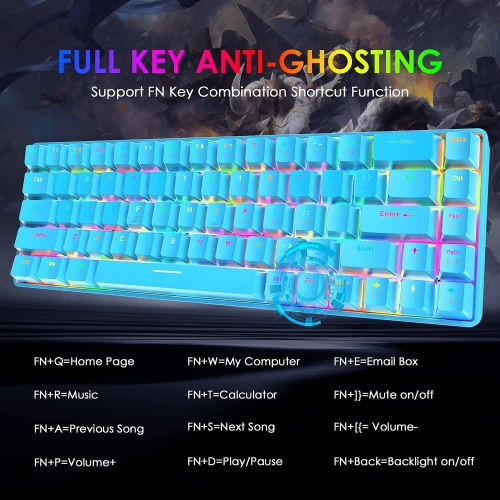 Wired 60% Mechanical Gaming Keyboard, RGB Lights Compact 68 Key Mini Keyboard with Type C Charger and Blue Switch, for Mac Windows PC PS4 Gamer, Blue