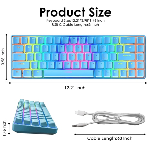Wired 60% Mechanical Gaming Keyboard, RGB Lights Compact 68 Key Mini Keyboard with Type C Charger and Blue Switch, for Mac Windows PC PS4 Gamer, Blue