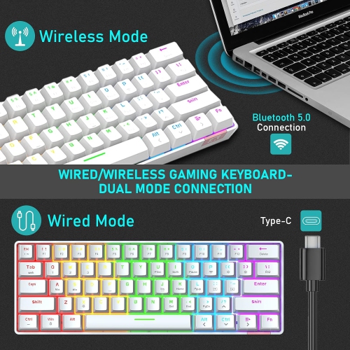 60% Wireless Mechanical Gaming Keyboard with Rainbow RGB Backlight Compact 61 Key Ergonomic Rechargeable Anti-ghosting Bluetooth 5.0 Type-C USB