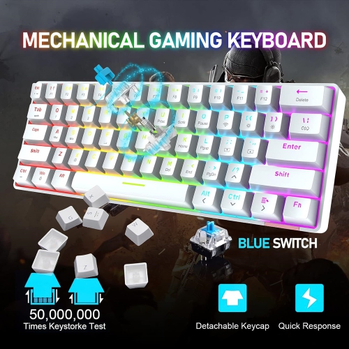 60% Wireless Mechanical Gaming Keyboard with Rainbow RGB Backlight Compact 61 Key Ergonomic Rechargeable Anti-ghosting Bluetooth 5.0 Type-C USB