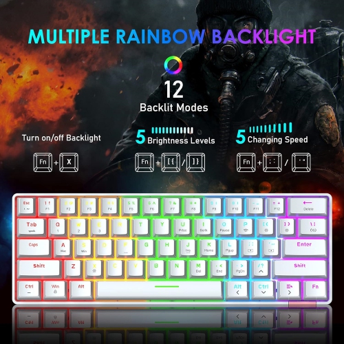 60% Wireless Mechanical Gaming Keyboard with Rainbow RGB Backlight Compact 61 Key Ergonomic Rechargeable Anti-ghosting Bluetooth 5.0 Type-C USB