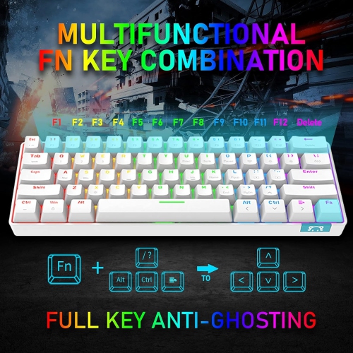 60% Wireless Mechanical Gaming Keyboard with Rainbow RGB Backlight Compact 61 Key Ergonomic Rechargeable Anti-ghosting Bluetooth 5.0 Type-C USB