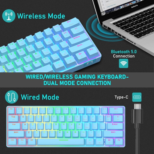 60% Wireless Mechanical Gaming Keyboard with Rainbow RGB Backlight Compact 61 Key Ergonomic Rechargeable Anti-ghosting Bluetooth 5.0 Type-C USB