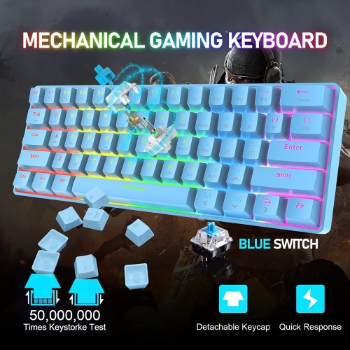 60% Wireless Mechanical Gaming Keyboard with Rainbow RGB Backlight Compact 61 Key Ergonomic Rechargeable Anti-ghosting Bluetooth 5.0 Type-C USB