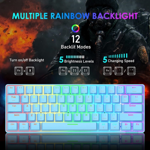 60% Wireless Mechanical Gaming Keyboard with Rainbow RGB Backlight Compact 61 Key Ergonomic Rechargeable Anti-ghosting Bluetooth 5.0 Type-C USB