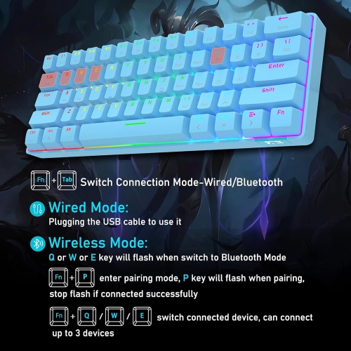 60% Wireless Mechanical Gaming Keyboard with Rainbow RGB Backlight Compact 61 Key Ergonomic Rechargeable Anti-ghosting Bluetooth 5.0 Type-C USB