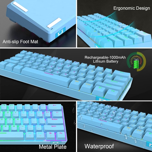 60% Wireless Mechanical Gaming Keyboard with Rainbow RGB Backlight Compact 61 Key Ergonomic Rechargeable Anti-ghosting Bluetooth 5.0 Type-C USB
