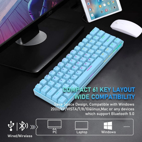 60% Wireless Mechanical Gaming Keyboard with Rainbow RGB Backlight Compact 61 Key Ergonomic Rechargeable Anti-ghosting Bluetooth 5.0 Type-C USB
