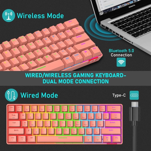 60% Wireless Mechanical Gaming Keyboard with Rainbow RGB Backlight Compact 61 Key Ergonomic Rechargeable Anti-ghosting Bluetooth 5.0 Type-C USB