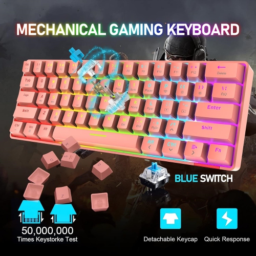 60% Wireless Mechanical Gaming Keyboard with Rainbow RGB Backlight Compact 61 Key Ergonomic Rechargeable Anti-ghosting Bluetooth 5.0 Type-C USB