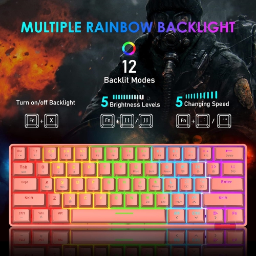 60% Wireless Mechanical Gaming Keyboard with Rainbow RGB Backlight Compact 61 Key Ergonomic Rechargeable Anti-ghosting Bluetooth 5.0 Type-C USB